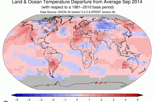 Hőmérsékletnövekedés az 1981-2010 között mért szeptemberi átlaghoz képest
Forrás: NOAA