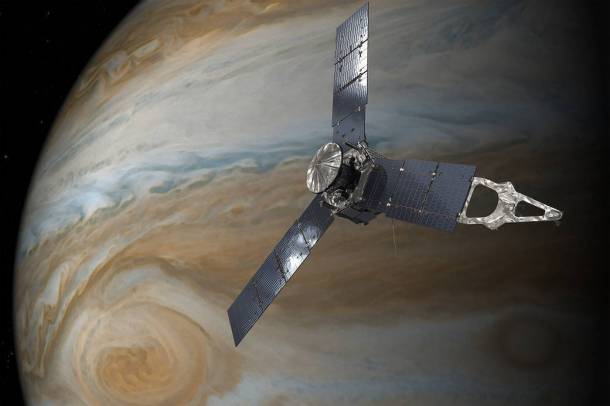 Juno űrszonda a Jupiter Nagy Vörös Földja fölött - illusztráció
Forrás: NASA
Szerző: NASA/JPL-Caltech