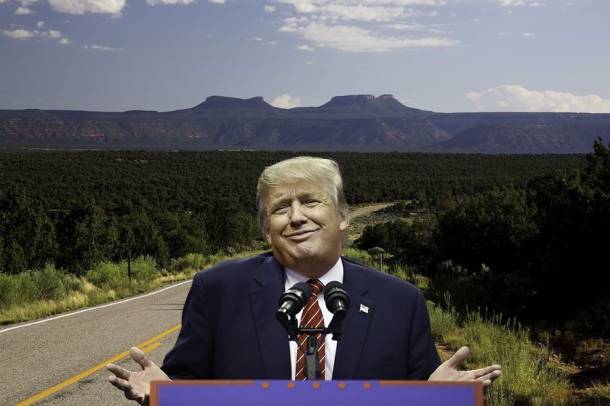 Út a Medvefül nemzeti park felé, előtérben Trump - a kép illusztráció