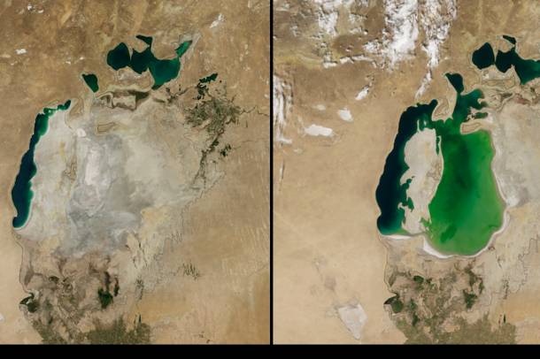Az Aral-tó 2014-ben és 14 évvel korábban
Forrás: www.flickr.com
Szerző: NASA Earth Observatory