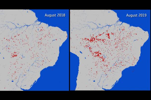 Az amazonasi erdőtüzek száma 2018-ban és 2019-ben. A tüzek száma megnégyszereződött.
Forrás: www.esa.int
Szerző: ESA/NDA Copernicus DIAS