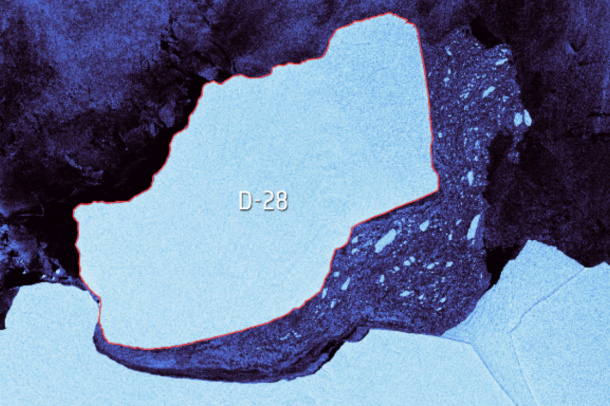 A leszakadó D28 jelzésű jégtömb a Sentinel-2 műhold felvételén
Forrás: www.esa.int
Szerző: European Space Agency
