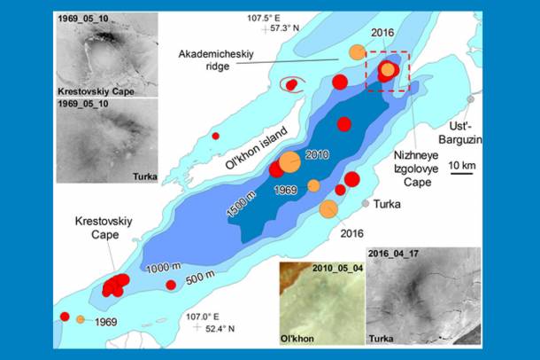 A Bajkál-tavon korábban észlelt jégkörök helye
Forrás: aslopubs.onlinelibrary.wiley.com
Szerző: Limnology and Oceanography