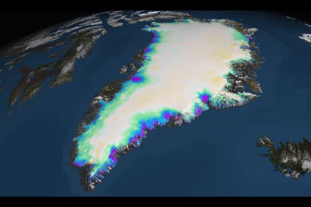 A grönlandi olvadás 2003-2012 között. A színes területek a zöld növényzet terjedését jelölik.
Forrás: sealevel.nasa.gov
Szerző: NASA's Goddard Space Flight Center Scientific Visualization Studio