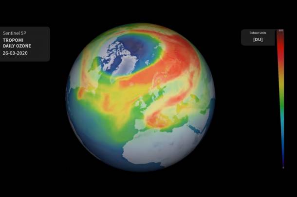 Az Északi-sark felett kialakult ózonlyuk 2020. március 26-án
Forrás: www.esa.int
Szerző: European Space Agency
