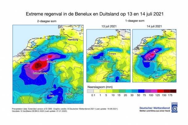 Az észak-nyugat-európai esőzések térképe 2021 júliusában 
Forrás: www.knmi.nl
Szerző: Deustcher Wetterdienst